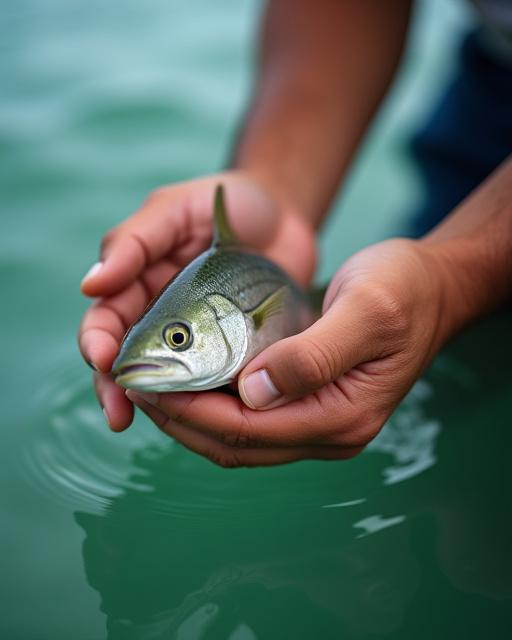 En fisker som forsiktig slipper en liten fisk tilbake i havet.