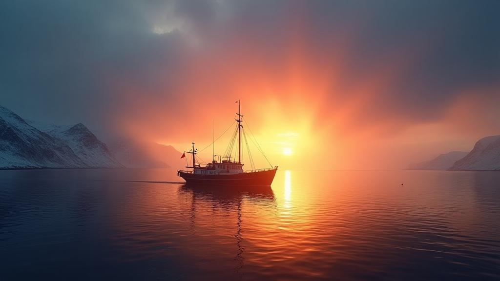 Fiskebåt på havet utenfor Tromsø i morgensol.